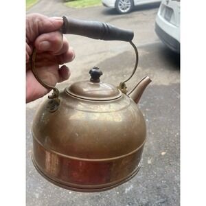 ANTIQUE COPPER TEAPOT COFFEE POT METAL POT VINTAGE TEA KETTLE WOOD HANDLE